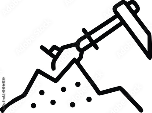 Pickaxe hitting ground in black line art icon illustration