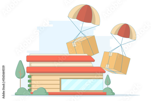 E-commerce business concept. This business model involves opening an e-commerce website and having suppliers ship products directly to customers, packages descending by parachute.