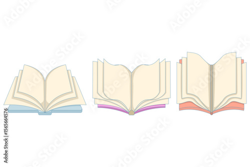 Open Book Concept. Set of open books. Books for reading. Educational textbooks for gaining knowledge. Paper text carrier. Vector illustration