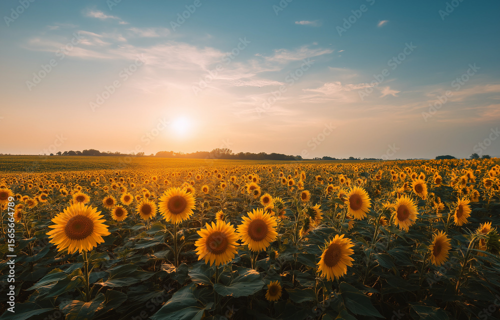 Obraz premium A vibrant sunflower field under the warm glow of sunset,