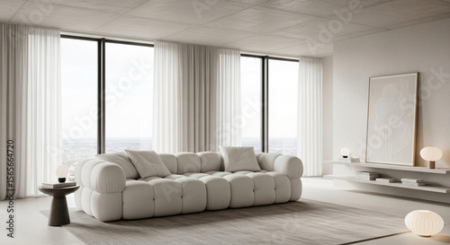 Modern Minimalist Living Room with Plush White Sofa and City View