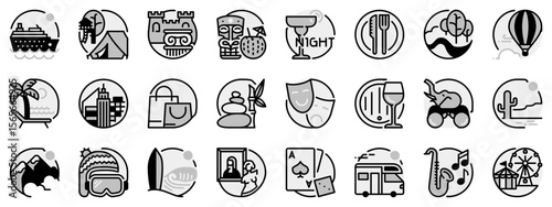 Icons in two tones about tourism and travel