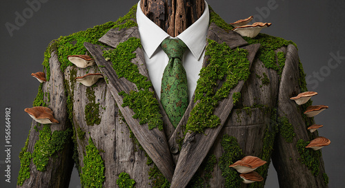 Mannequin in suit covered with moss and mushrooms on dark background  