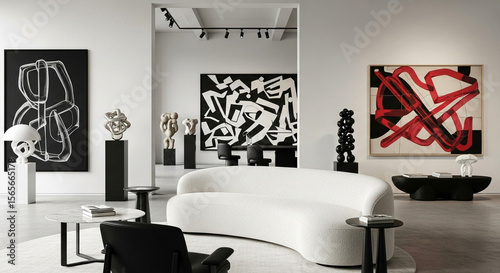 Modern Art Gallery Interior with Sculptures and Abstract Paintings