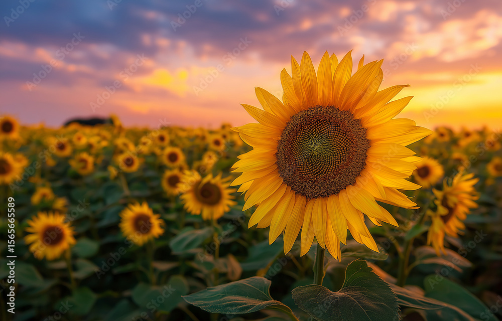 Fototapeta premium A vibrant sunflower field under the warm glow of sunset,