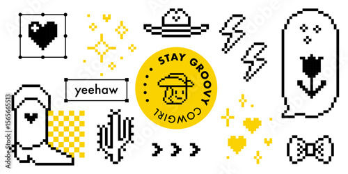 Y2k wild west party vector yellow color design elements of cowboy western boot, hat, sparkles and heart, cactus, cowboy icon. Disco cowgirls party stickers. Retro 8 bit game digital style emoticon set