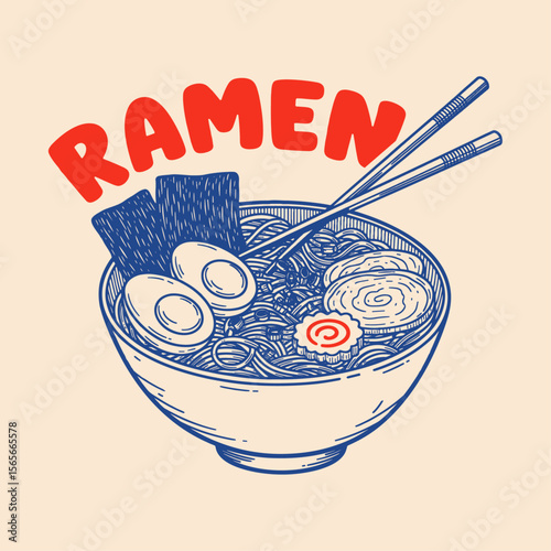 bowl of ramen with chopsticks retro illustration