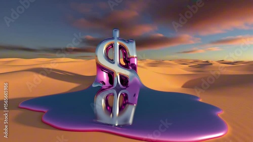 A metallic dollar sign melting in the desert