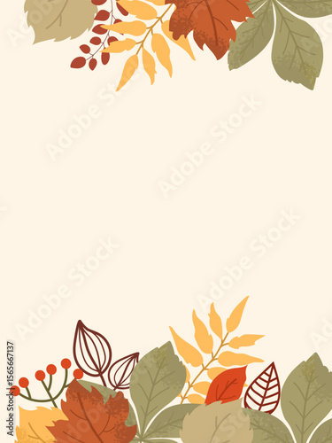 Thematic template surrounded by colorful autumn leaves on a warm beige background.  Ideal for fall-themed events.