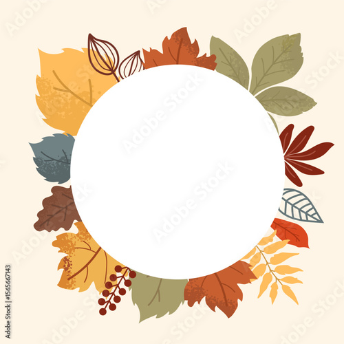 A circular background surrounded by a diverse array of colorful autumn leaves, ideal for adding text or images related to seasonal themes or fall festivities.