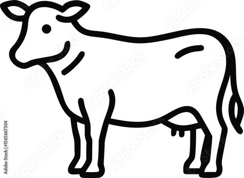 Simple black outline of a cartoon cow with udders and smile icon