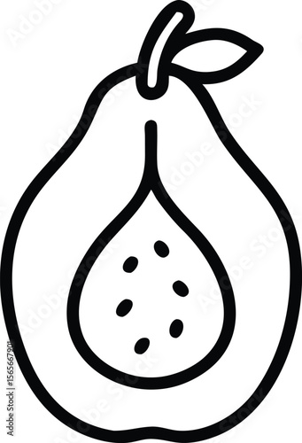 Simple contour drawing of guava fruit, showing seed cavity with several seeds and leaves