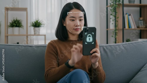 Asian woman in her 30s using face recognition on her phone at home for security and verification.