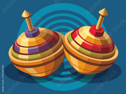 vector of Two separate wooden spinning heads for children's toy fun.