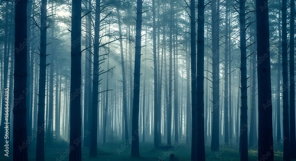 Naklejka premium Misty Pine Forest at Blue Hour