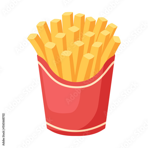 Flat vector cartoon illustration of crispy golden french fries in a red container, isolated on a white background. For food, fast food and snack design.