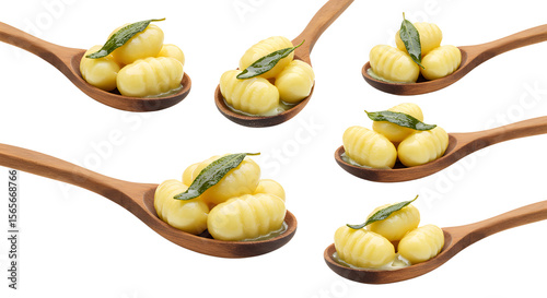 A collection of delicious gnocchi served on wooden spoons, garnished with fresh herbs, ideal for culinary presentations