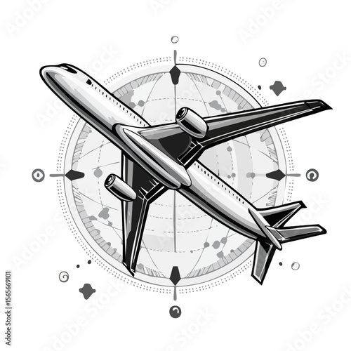 Airplane Flying Over a World Globe Illustration Symbolizing Global Travel and International Destinations on Black Background