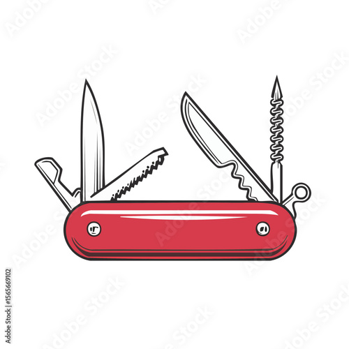 Compact multipurpose pocket knife tool set with various blades for outdoor and camping red color