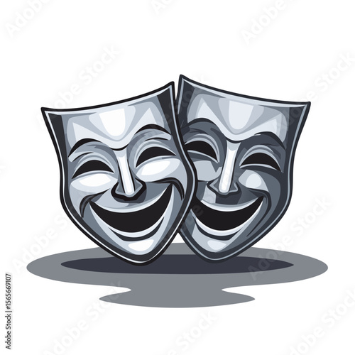 Two Comedy Masks with Smiling Expressions Symbolizing Theater Arts and Performance in Vector Illustration on a Black Background