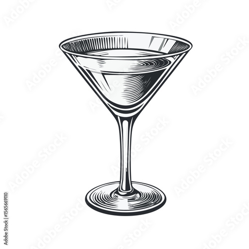 Elegant martini glass drawing with liquid. Stylish vector design for cocktail menu and bar promotions, party themes on black background