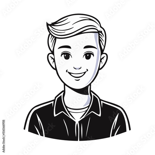 Smiling Person Avatar Graphic Portrait Black and White Illustration with Clipping Path