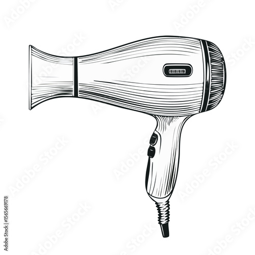 Engraved hair dryer illustration on black for beauty and hair styling projects. Graphic style for salon and personal care designs