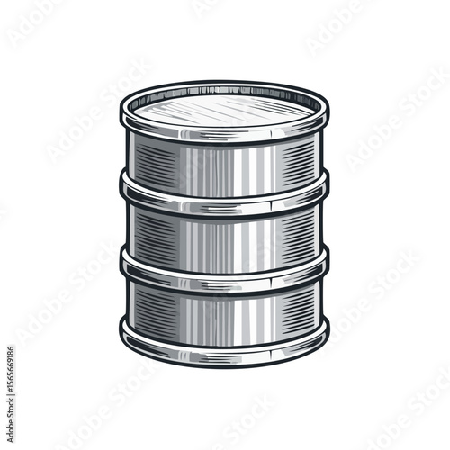 Metal barrel illustration for industry storage of fuel or food products on black background