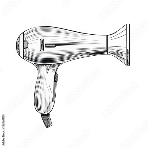 White Hair Dryer Drawing on Black Background, Beauty Accessory, Isolated, Line Art, Illustration