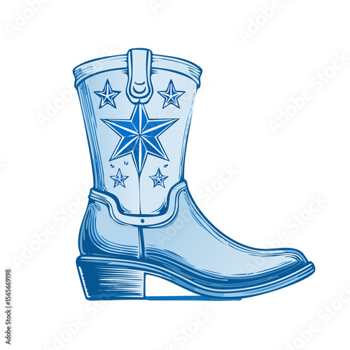 Isolated cowboy boot with a star design, Western fashion icon with detailed line art and light blue tones.