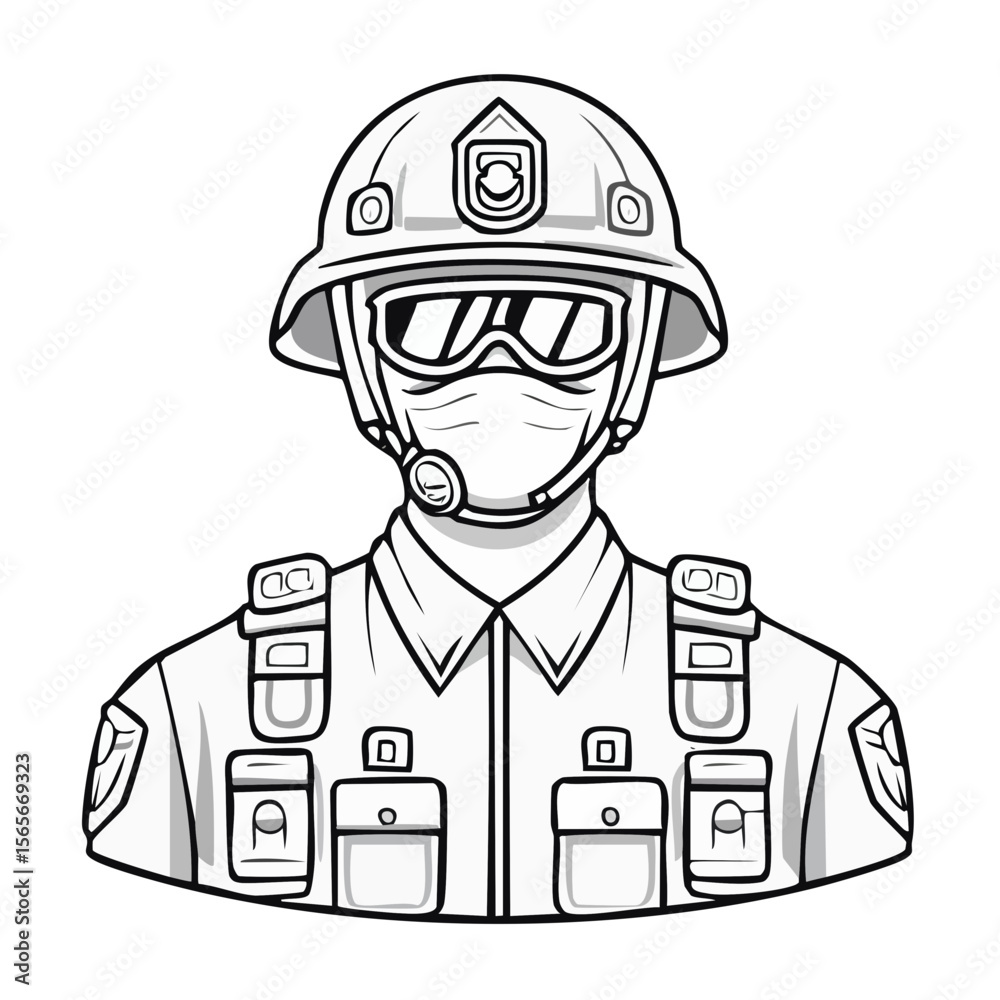 Cartoon Soldier in Uniform with Helmet and Goggles on Black Background Cartoon Soldier in Uniform with Helmet and Goggles on Black Background