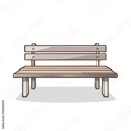 Illustration of a park bench made of wood with a seat and backrest for resting or relaxing outdoors. Cartoon graphic of wooden slats bench.