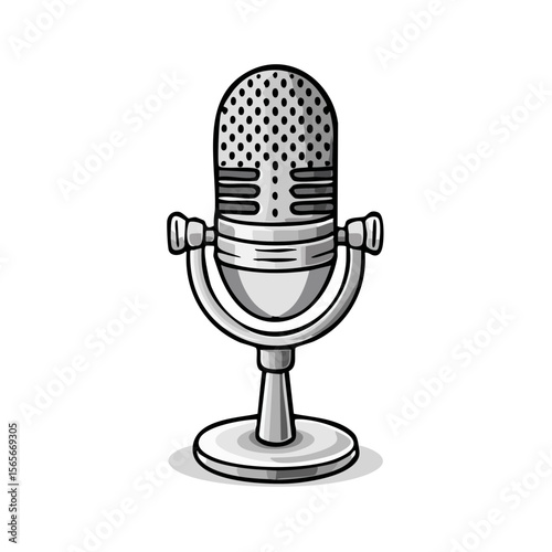 Retro Style Microphone Illustration Sound Recording Equipment Broadcast Media Classic Design Object in Silver Tone on Black Background