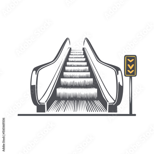 Illustration of an Escalator with Downward Direction Indicator Against Black Background