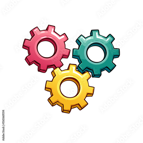 Stylized Gears Illustration, Pink, Green, and Yellow Sprockets on Black Background