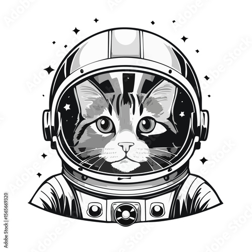Monochrome Cat Astronaut Illustration: Adorable Feline Wearing a Space Helmet against Dark Sky with Stars