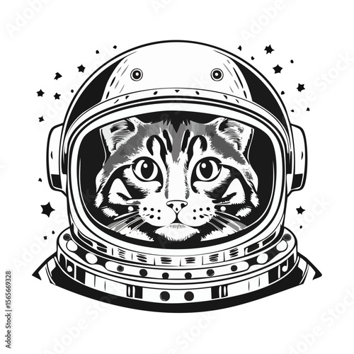 Cat wearing astronaut helmet, exploring outer space, space exploration concept in vector format