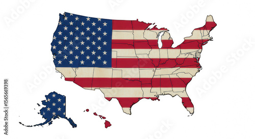 United States Map with US Flag PNG – Country Silhouette Filled with Stars and Stripes of the American Flag, Isolated on Transparent Background for Patriotic, Educational, and Political Design Projects