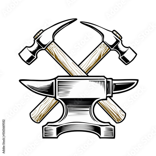 Forging Tools Anvil with Crossed Hammers Symbol for Blacksmithing and Metalworking in Illustration Style