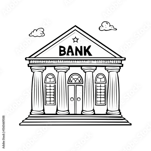 Classic Bank Building Facade with Columns and Pediment on a Black Background