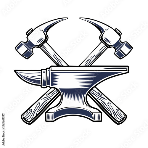 Anvil and Crossed Hammers Symbol for Blacksmithing in Isolated Design on Black Background