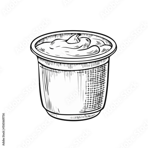 Sketch illustration of a yogurt cup or container, depicting food packaging in simple black and white design