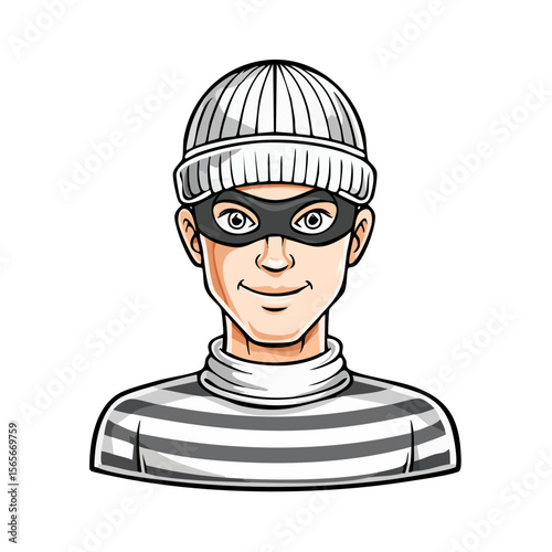 Cartoon Thief Character Wearing Mask and Beanie, Smiling Villain Concept, Black Background