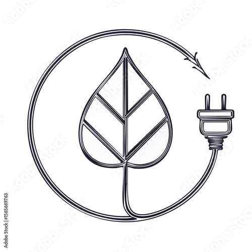 Renewable energy concept featuring leaf connected to electric plug. Eco friendly power. Green energy solution for future. Minimalist design on black background
