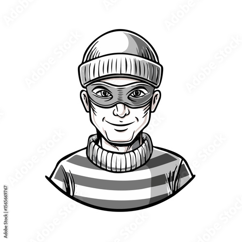 Cartoon Thief Wearing Beanie and Mask with Striped Shirt in Comic Style