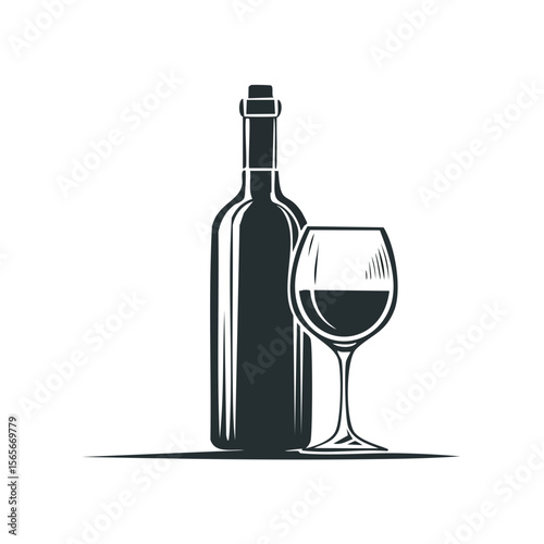Elegant wine bottle and filled glass minimalist illustration on black background beverage pairing, alcohol consumption, winery art