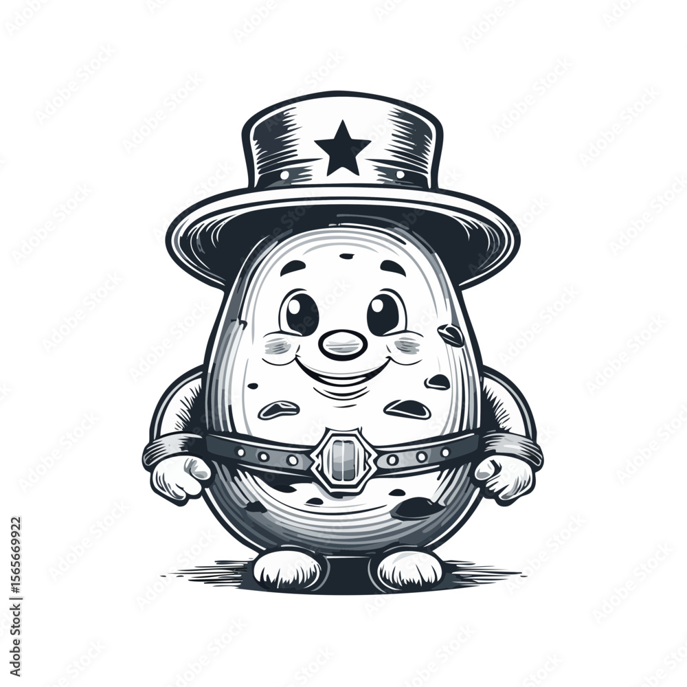 Obraz premium Cartoon potato character with hat and belt in monochrome vector illustration Happy face potato with American style hat and belt on black background