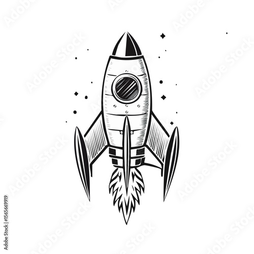 Cartoon Rocket Ship Launching into Space Black and White Engraved Illustration