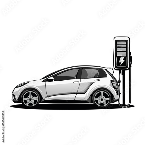 Modern White Electric Car Charging at Station on Black Background Illustrative Style