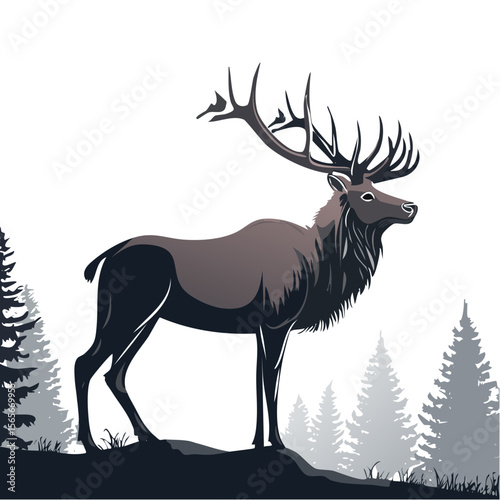 Majestic Elk Standing Among Evergreen Trees in a Forest, Deer in Woods Illustration, Wildlife Animal Art